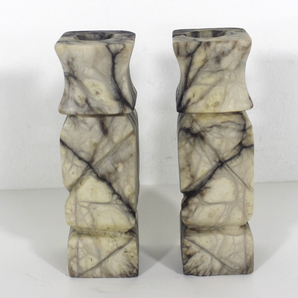 Antique Carved Italian Alabaster Candleholders a Pair